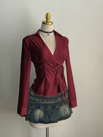Women's Casual Side Strap Slim Fit Long Sleeve Shirt Sexy V-Neck Pleating Top Spring/Fall 2026