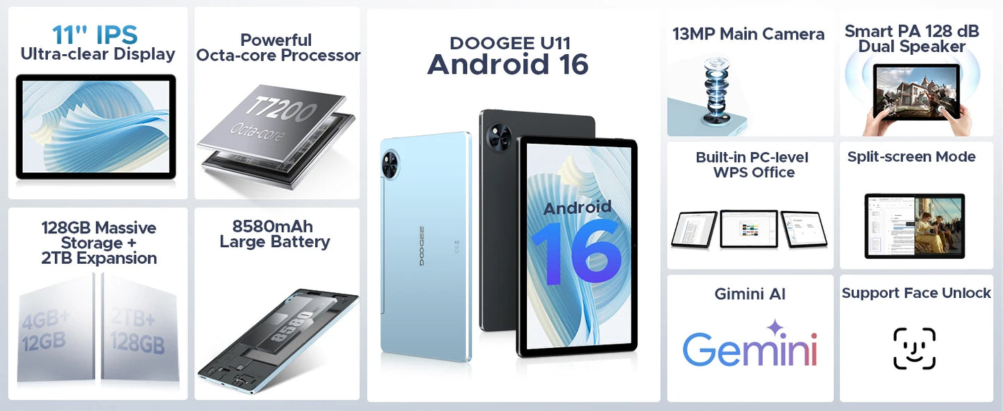 DOOGEE U11 Android 15 Tablet 11'' Ultra-clear 90Hz Display 4GB RAM 128GB ROM 8580mAh Battery Dual Speaker Supports Widevine L1