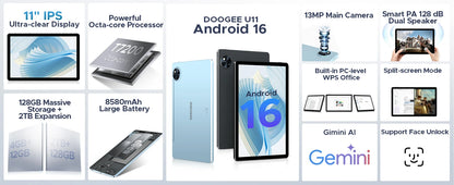 DOOGEE U11 Android 15 Tablet 11'' Ultra-clear 90Hz Display 4GB RAM 128GB ROM 8580mAh Battery Dual Speaker Supports Widevine L1