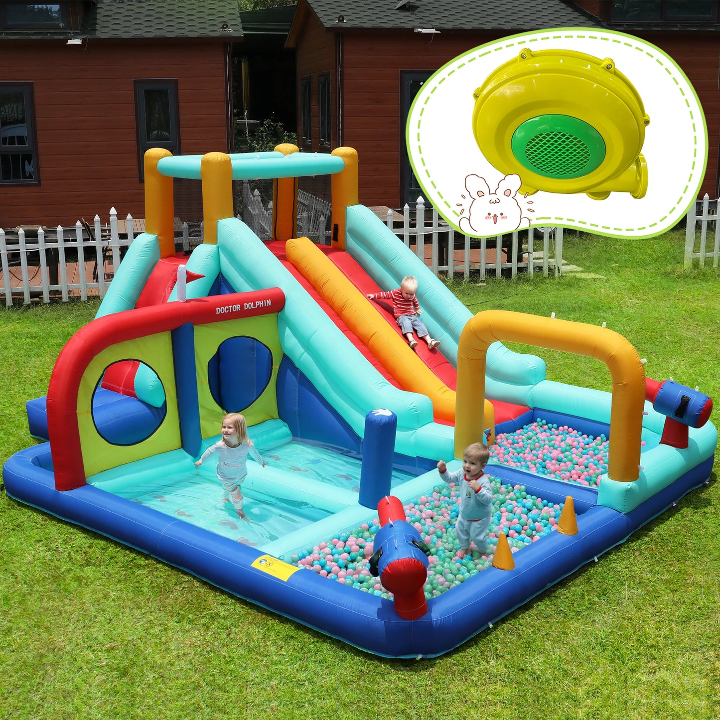 Kids' Bounce House,5 in 1 Inflatable Hopping Castle for Kids 3-10 Years, Outdoor Castle Bouncer with Slide Jump Area Water Pool Football Net