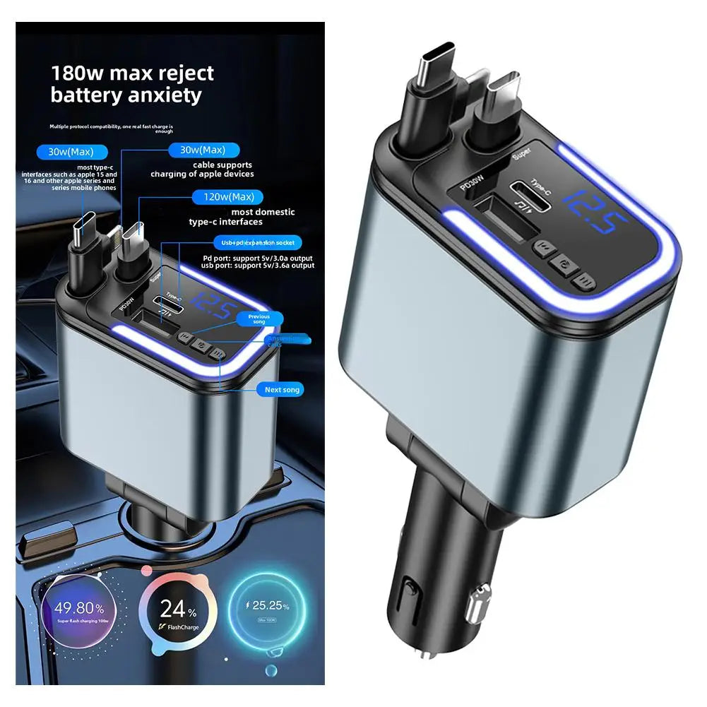 5 In 1 Retractable USB C Car Charger 180W Car Fast Charging Adapter With Atmosphere Lights For IPhone,iPad,Android