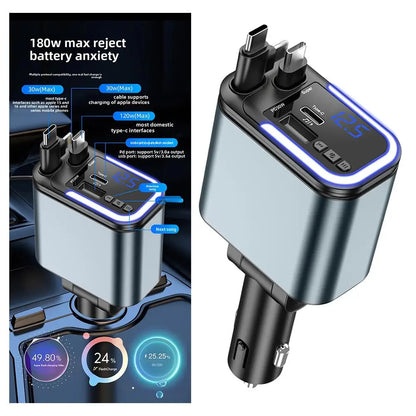 5 In 1 Retractable USB C Car Charger 180W Car Fast Charging Adapter With Atmosphere Lights For IPhone,iPad,Android