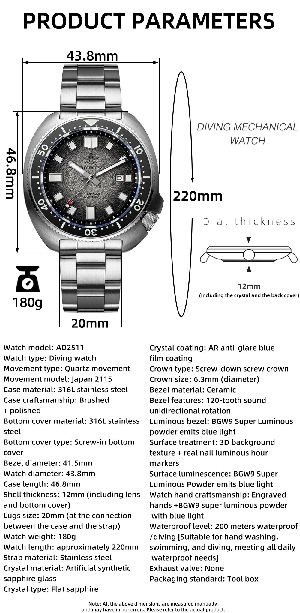 ADDIESDIVE Men Watch Sapphire Glass AR Coated Quartz Watches Luminous 200m Waterproof Turtle Diver Watch Reloj Hombre AD2511