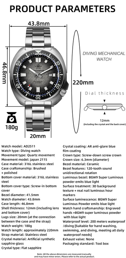 ADDIESDIVE Men Watch Sapphire Glass AR Coated Quartz Watches Luminous 200m Waterproof Turtle Diver Watch Reloj Hombre AD2511