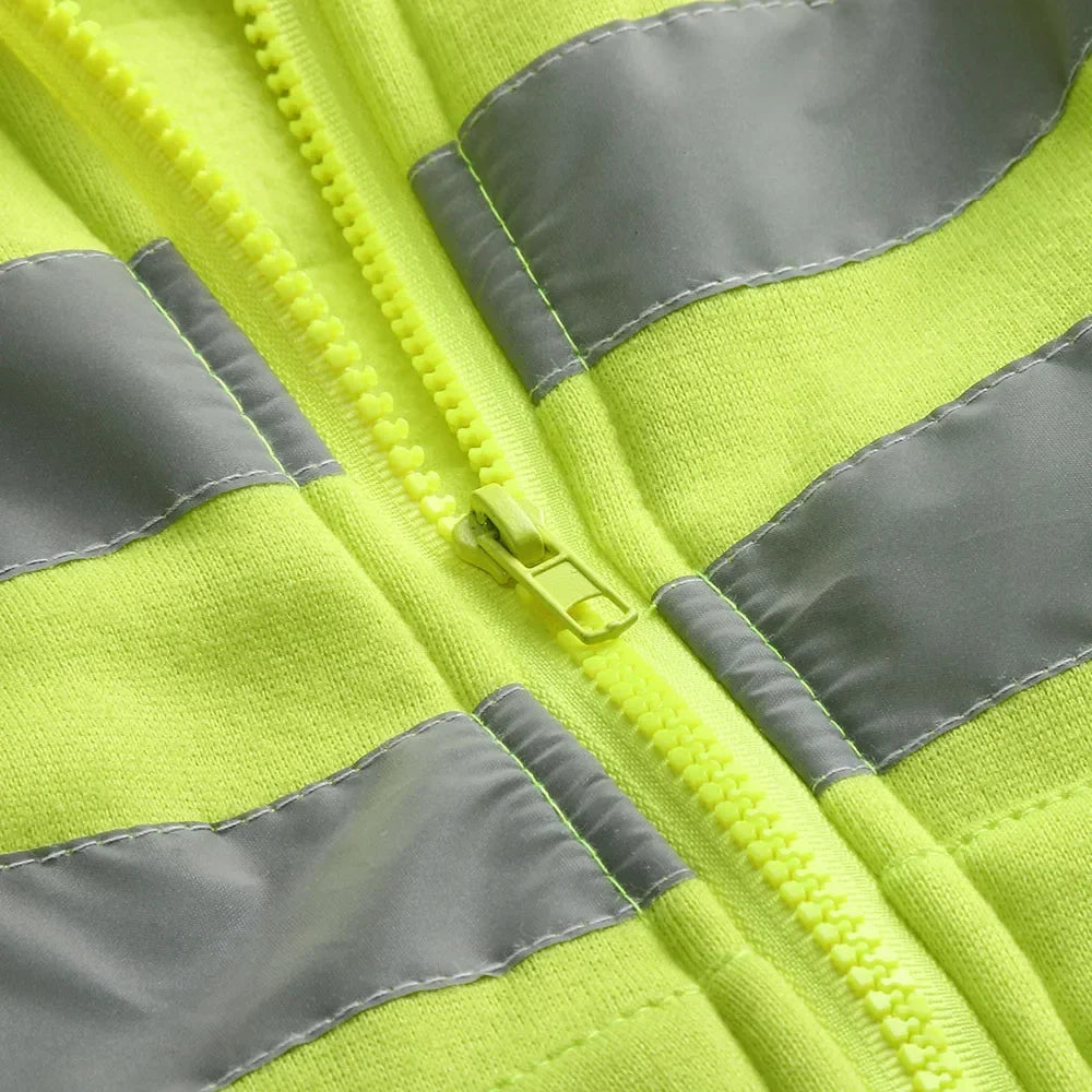 Men Reflective Strip Hoodies Casual Fit Work Safety Jackets Autumn Thin Fleece Hooded Zipper Sweatshirt Coats Workwear For Men