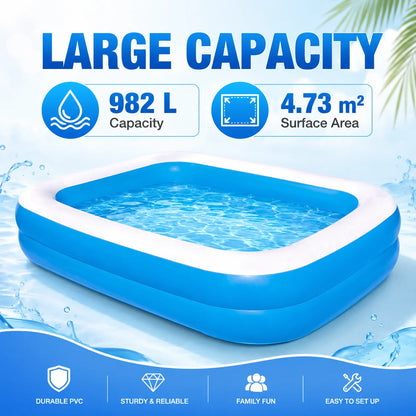 Bestway Jumbo Inflatable Swimming Pool 270x175x51cm 982L Rectangular Outdoor Pool with 2 Air Chambers and Drain Valve