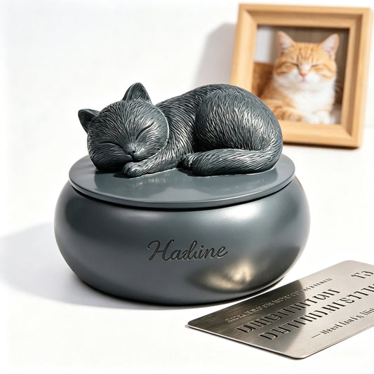 Pet Urn for Cats Resin Sleeping Cat Memorial Ashes Container Matte Sealed Pet Hair Keepsake Box Decor Desktop Loss Sympathy Gift