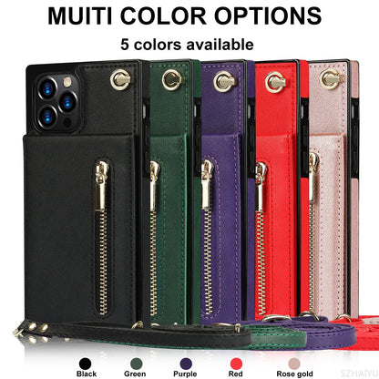 Zipper Wallet for IPhone 17 Air 16 16E 15 14 13 12 11 Pro Max Plus Case with Card Holder Lanyard Strap Crossbody Leather Cover