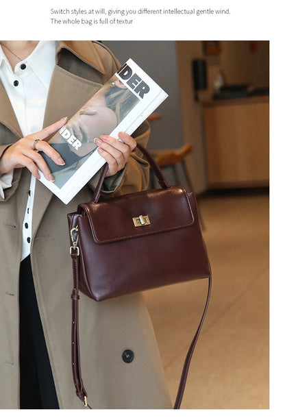 Genuine Leather Top Handle Crossbody Bag for Women Vintage Oil Wax Leather Shoulder Bag Small Luxury Designer Satchel Handbag