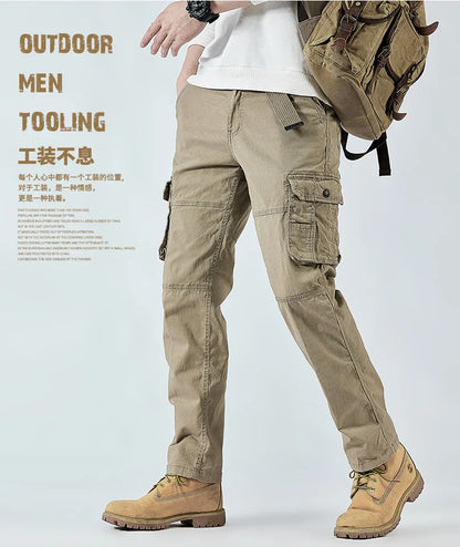 2026 Men's Cargo Pants Straight Leg Cotton Stretch Tactical Trouser Male Military Outdoor Camping Fishing Casual Work Wear Khaki