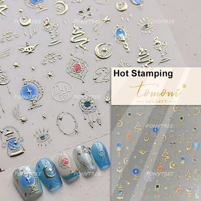 5D Gold Stamped Silver Sun Stars Snake Nail Art Stickers Totems Reliefs Self Adhesive Dark Chinese Style Manicure Decals