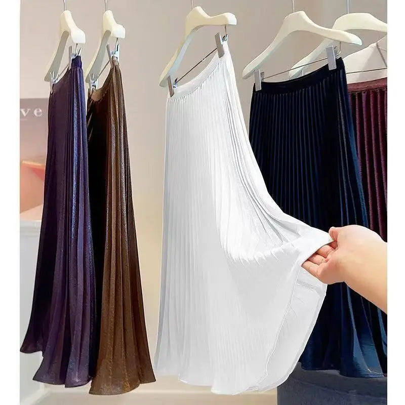 Women Summer Solid Pleated Satin Long Skirt Korean New Fashion Ladies Work Casual Elastic High Waist A Line Party Loose Skirts