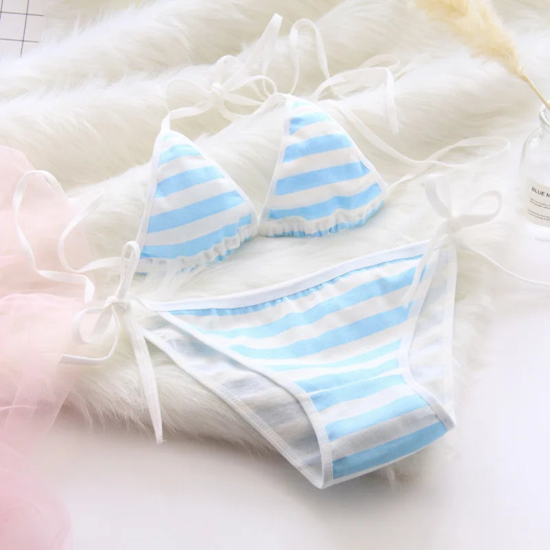 Lace-up Strap Blue and White Striped Set, Blue and White Fat Inner Two-piece Set Womens Lingerie Set  Bra Set  Sexy