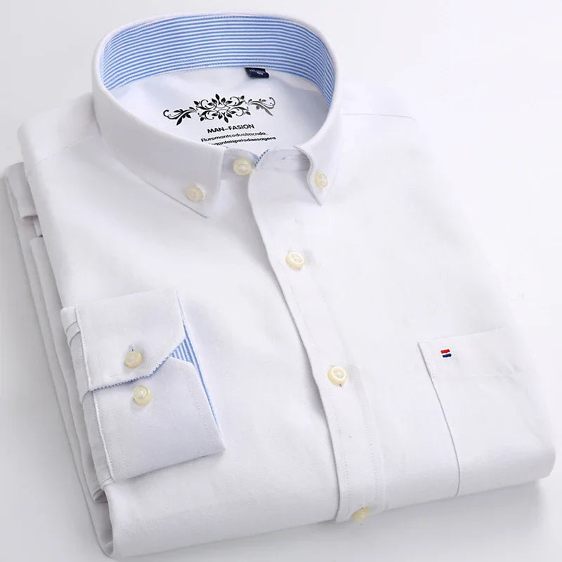 Classic Fit Cotton Full Casual Shirts for Men Solid Color Long-Sleeve Plain Shirt Single Pocket Top Soft Slim Fit Formal Clothes