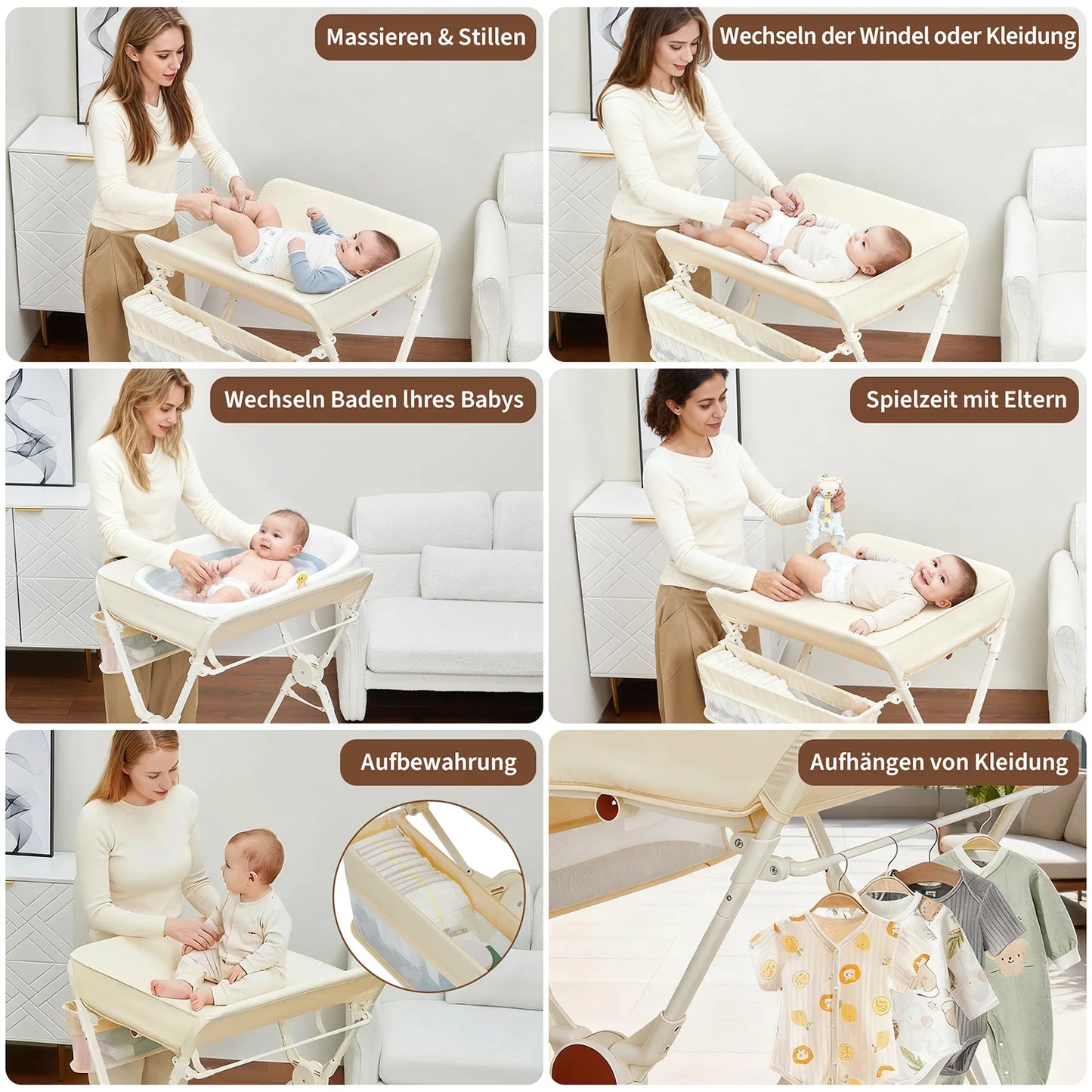 Himiss Folding Baby Changing Table Height Adjustable Metal & Fabric Large Storage Space Safety Belt Wheels for Newborns & Infants