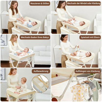 Himiss Folding Baby Changing Table Height Adjustable Metal & Fabric Large Storage Space Safety Belt Wheels for Newborns & Infants