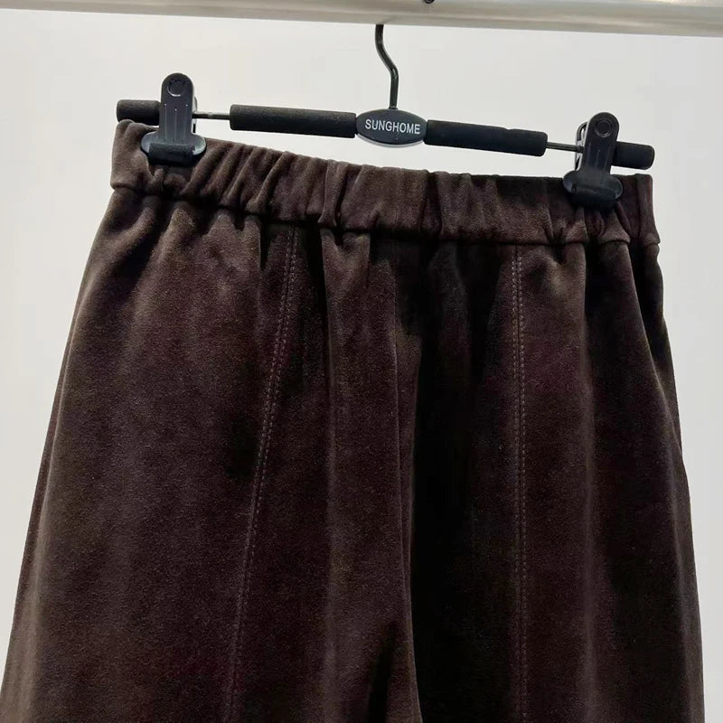 Retro Suede Leather Cropped Pants for Women Femae Genuine Leather Wide Leg Floor Long Trousers Straight Cylinder Spodnie Damskie