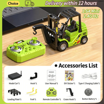 1:64 Remote Control and Alloy Truck Forklift with Trailer Worktop Mini Bluetooth RC Elevator Vehicle Children's Toy Holiday Gift
