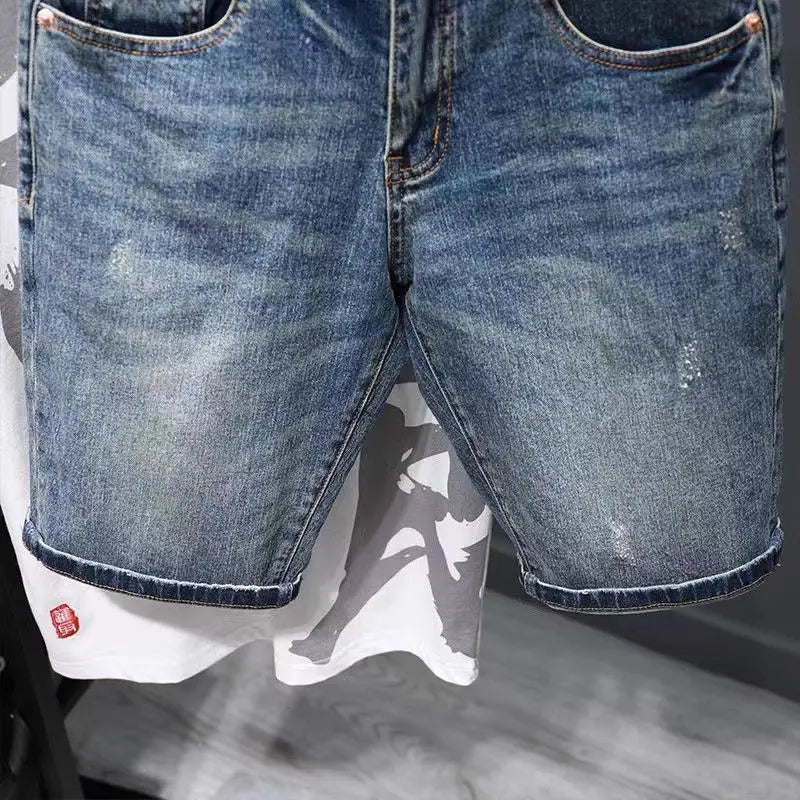 Summer Trendy Brand Handsome Denim Shorts Men's Washed Embroidered Patch Trendy Short Pants Ripped Slim-fit Elastic Middle Pants