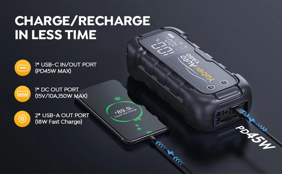 6000A Jump Starter 150W DC PD45W Car Battery Charger 3.3 LED Screen 600 Lumens Flashlight Battery Charger Super Starting Device
