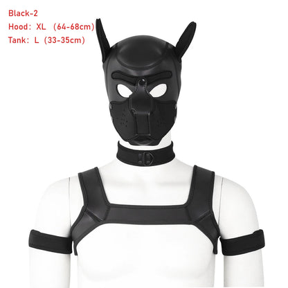 Large Size Puppy Cosplay Neoprene Fetish Hood Mask Kit with Chest Strap Collar Armband Sex Costumes for Bdsm Slave Role Play