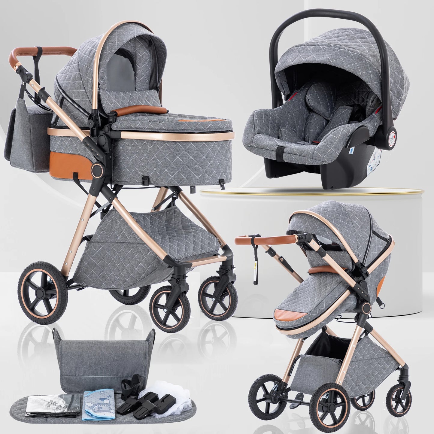 Luxury Baby Stroller 3 in1 Portable Baby Carriage Folding Prams High Landscape Car for Newborn Baby Adjustable Handle travel