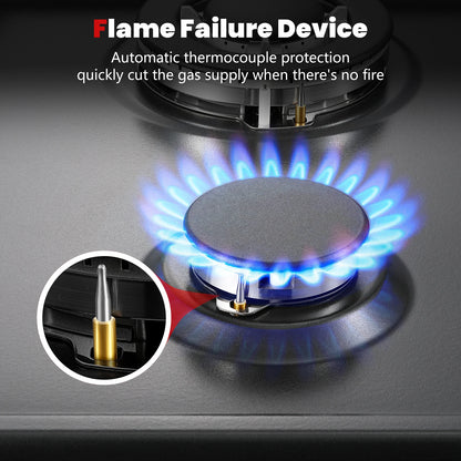 4 Burners Black Enamelled Plate 58 cm Automatic Flame Protection, Natural Gas and Propane Gas, Built-in Gas Hob