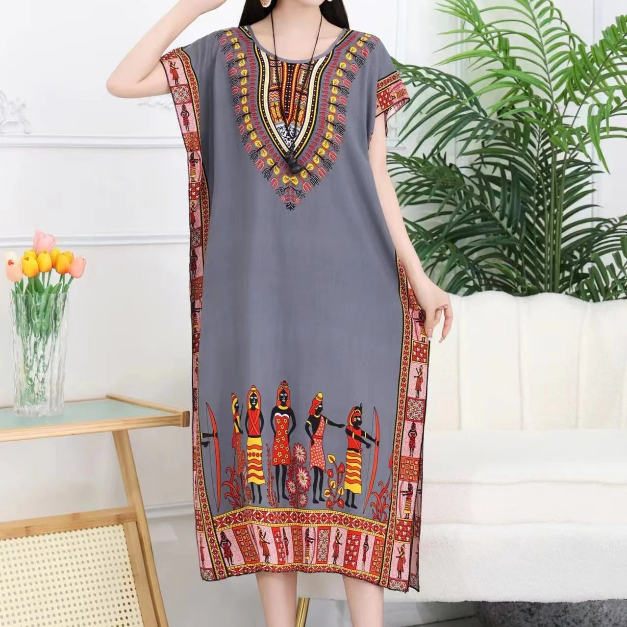 Casual Elegant Bohemian Printed Ethnic Style Retro Floral Woman Summer Street Wear Batwing Sleeve Loose Tunic Maternity Dress