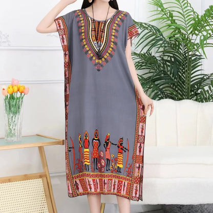 Casual Elegant Bohemian Printed Ethnic Style Retro Floral Woman Summer Street Wear Batwing Sleeve Loose Tunic Maternity Dress