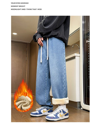 Men's Thicke Fleece Straight Jeans Winter Velvet Thermal Nostalgia Washing Denim Pants Streetwear Elastic Waist Loose Trousers