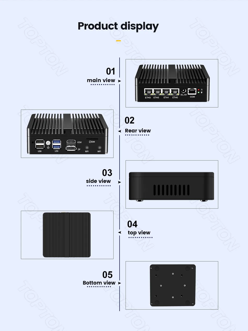 Topton Solid Fanless Firewall Mini PC VPN Gateway Intel N150 N5105 J6412 J5005 7305 6305 4x2.5G LAN Home Server PfSense Computer