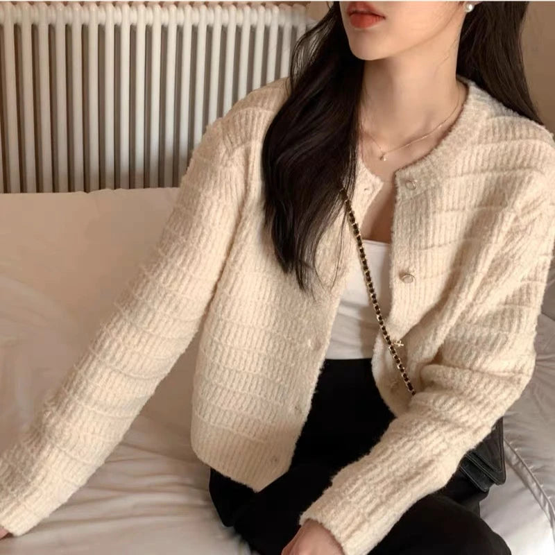 Autumn Elegant Korean O Neck Women's Long Sleeve Jacket Sweet Pink Small Fragrance Retro Short Knitted Cardigan for Lady Spring