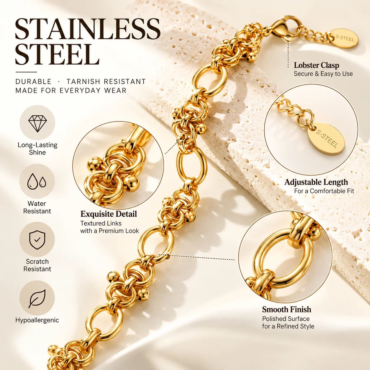 Chunky Stainless Steel Link Chain Bracelet For Woman, Gold Plated Layering Bracelets Wristband Waterproof Jewelry