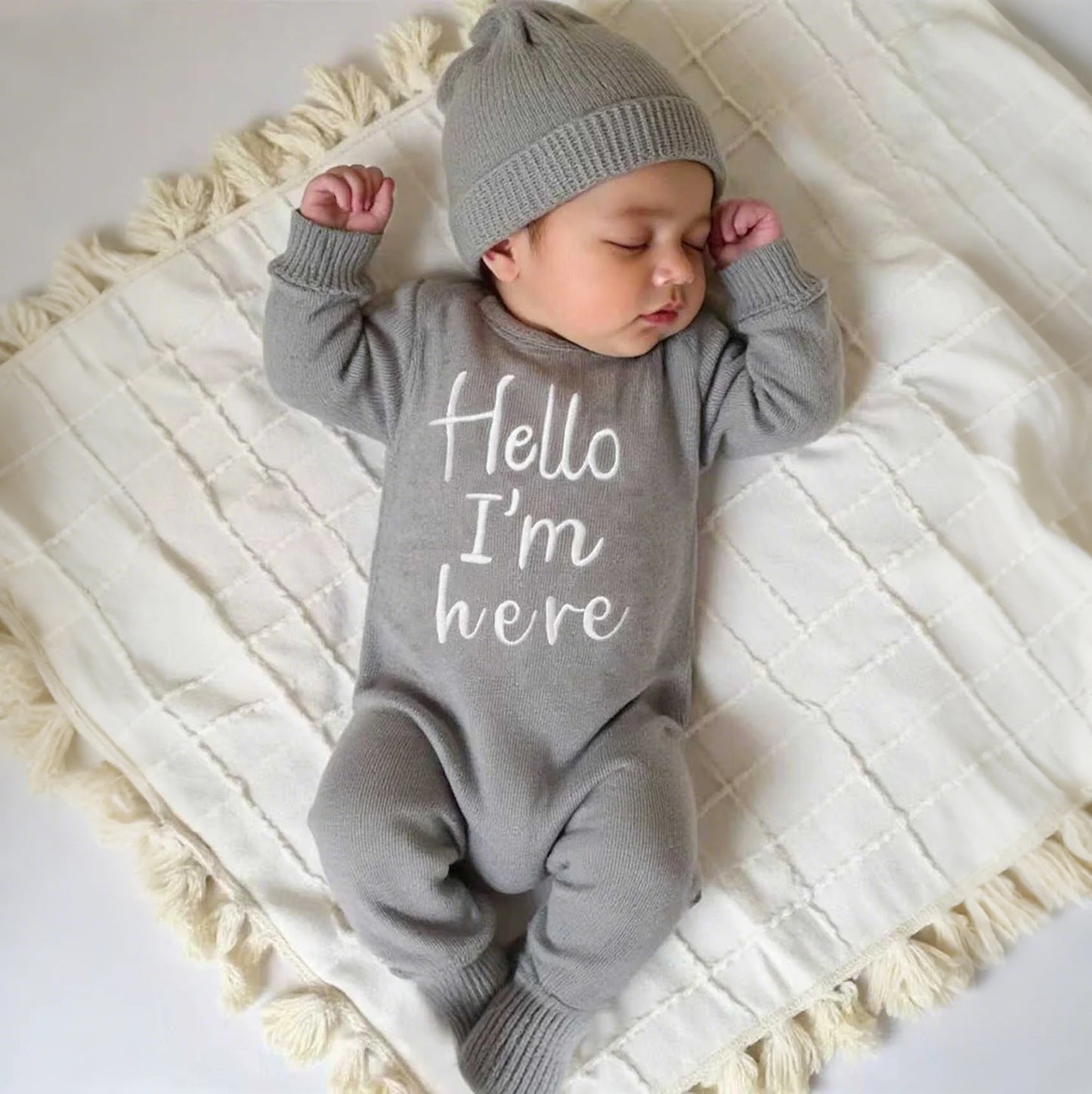 Ylsteed "Hello" Embroidery Knitting Newborn Birth Announcement Outfits Footed Jumpsuit Baby Boy Girl Photography Props Newborn
