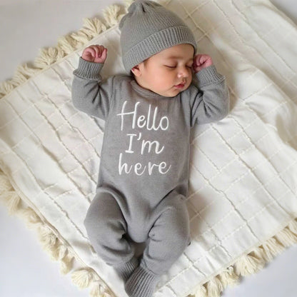 Ylsteed "Hello" Embroidery Knitting Newborn Birth Announcement Outfits Footed Jumpsuit Baby Boy Girl Photography Props Newborn