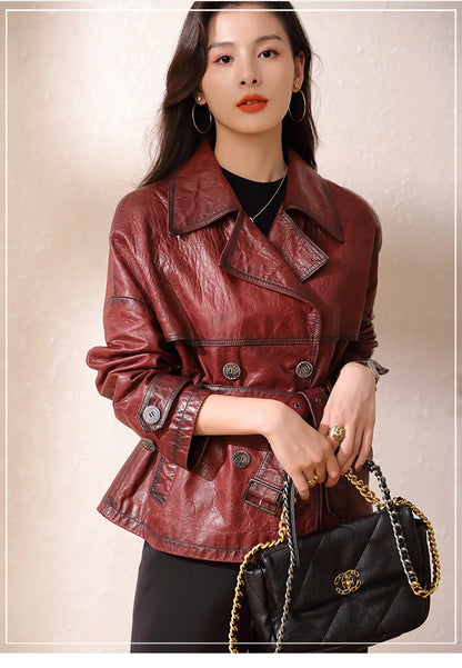 Roupas Femininas Autumn Women Suit Collar Lace-up Waist Oil Wax Sheepskin Gabardina Mujer Vintage Red Short Leather Trench Coat