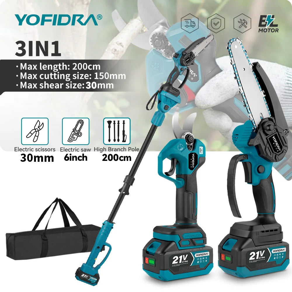 YOFIDRA 3IN1 Brushless Electric Chainsaw Telescoping Pole High Branch Saw Woodworking Pruning Power Tool  Makita 21V Battery Pin