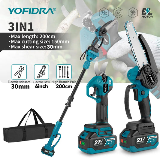 YOFIDRA 3IN1 Brushless Electric Chainsaw Telescoping Pole High Branch Saw Woodworking Pruning Power Tool  Makita 21V Battery Pin