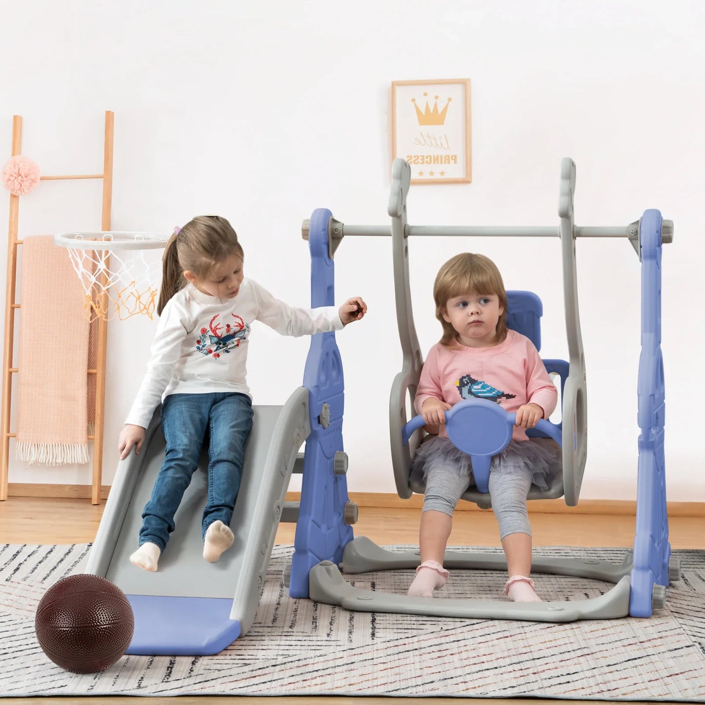 Kids 4 in 1 Slide Garden Shed and Slides Kids with Basket Slide for Children Indoor Outdoor with Slide and Swing,Pink
