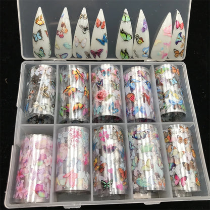 New Flower Nail Foils for Transfer Paper Stickers Floral Adhesive Fruit Nails Wraps Fish DIY Water Marble Nail Art Decorations