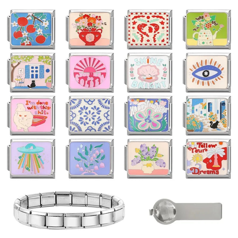 Fashion Drip Glaze Blue Eyes Colorful Butterfly Italian Charm Links Fit 9mm Stainless Steel Bracelet Jewelry DIY Making Beads