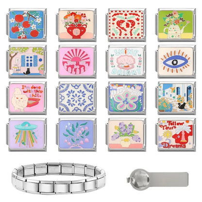 Fashion Drip Glaze Blue Eyes Colorful Butterfly Italian Charm Links Fit 9mm Stainless Steel Bracelet Jewelry DIY Making Beads