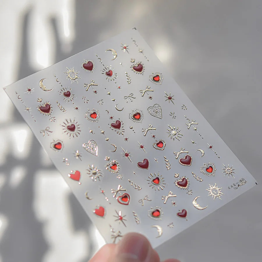 Gold Totem Red Heart Nail Art Stickers Aurora Holographic Star Moon Butterfly 5D Self Adhesive Nail Art RhinestoneS Stickers DIY