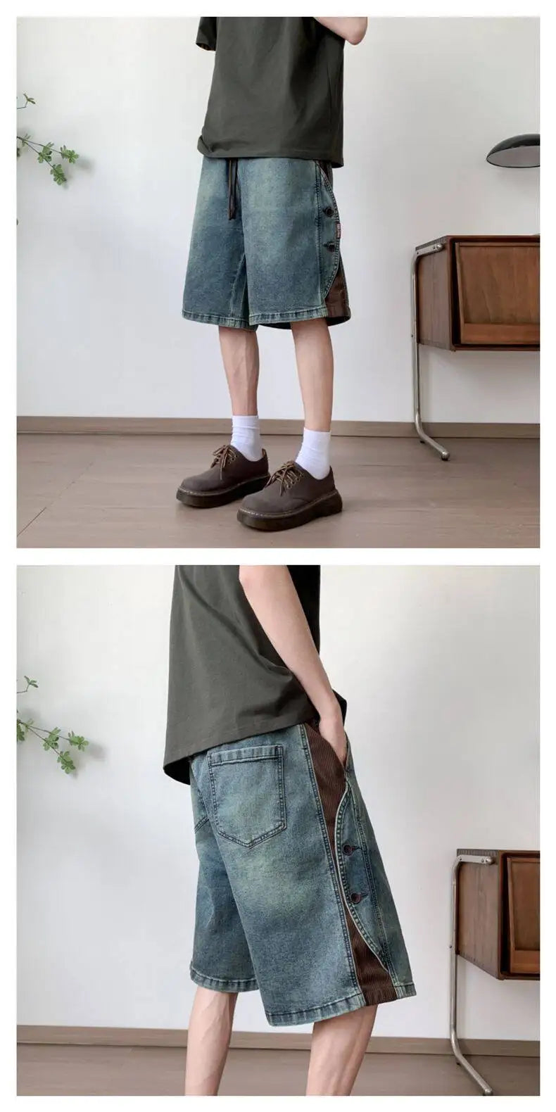Mens Loose Fit Summer Denim Shorts Elastic Waist Washed Blue Side Personality Design Casual Comfortable Fashion Trendy Outdoor