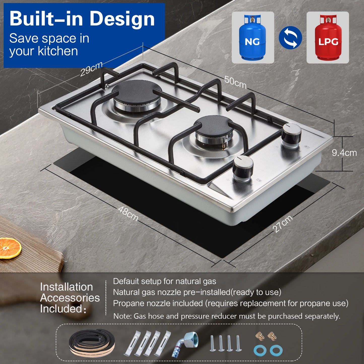 TopStrong 2/4/5 Burner 4200W Stainless Steel Auto Flame Protection Built-in for Natural Gas/Propane, Easy Clean, 30cm‌ Gas Hob