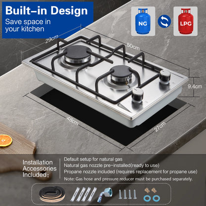 TopStrong 2/4/5 Burner 4200W Stainless Steel Auto Flame Protection Built-in for Natural Gas/Propane, Easy Clean, 30cm‌ Gas Hob