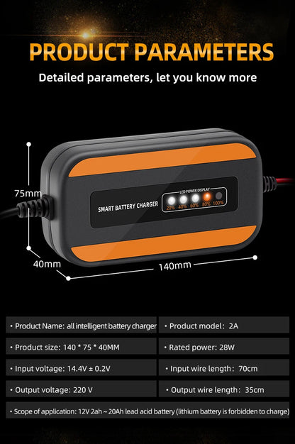 12V 6V Motorcycle Toy Car Battery Charger Mini Lead Acid Battery Charger 2A Full Automatic Charging Puls Repair for Auto Motorcy