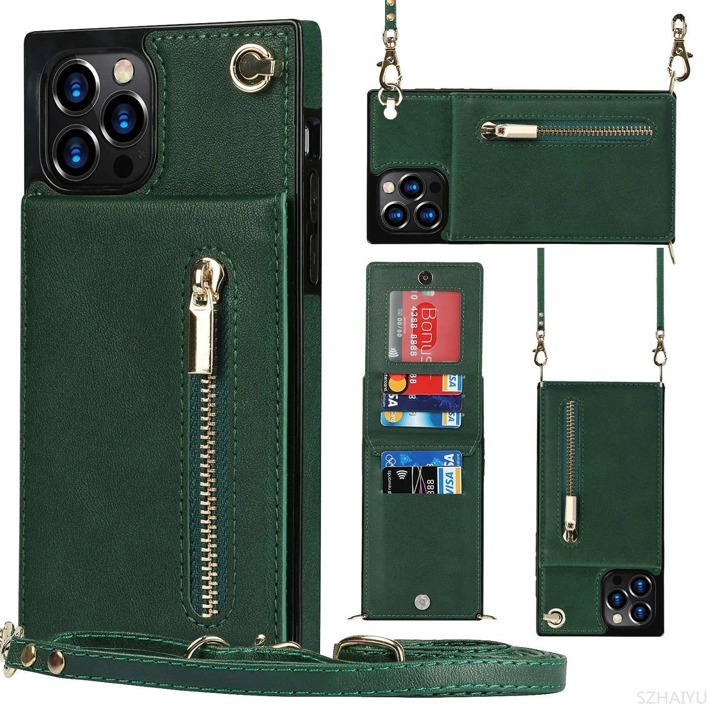 Zipper Wallet for IPhone 17 Air 16 16E 15 14 13 12 11 Pro Max Plus Case with Card Holder Lanyard Strap Crossbody Leather Cover