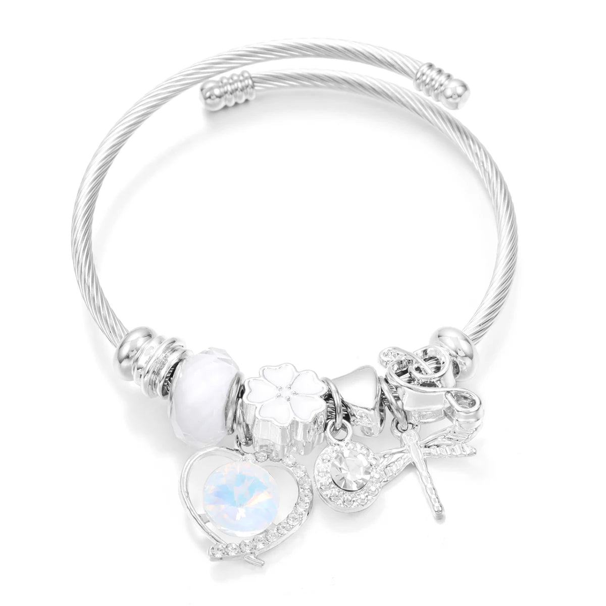 New Trendy Rhinestones Dragonfly Crystal Beaded Pendant Bracelet Stainless Steel 4 Colors Closure Bangles Women Bracelet Jewelry