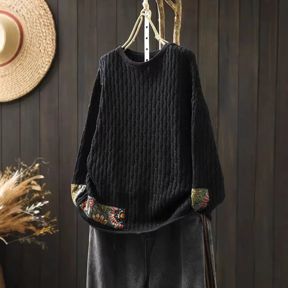 Winter Fall Fashion Vintage Sweater Women's O-neck Loose Casual Lazy-style Casual Pullover Tops Flower Print Patchwork Knitwear